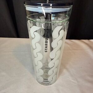 Starbucks Glass Double Wall Tumbler W/White Pattern & Blue Lid & Straw 20 oz